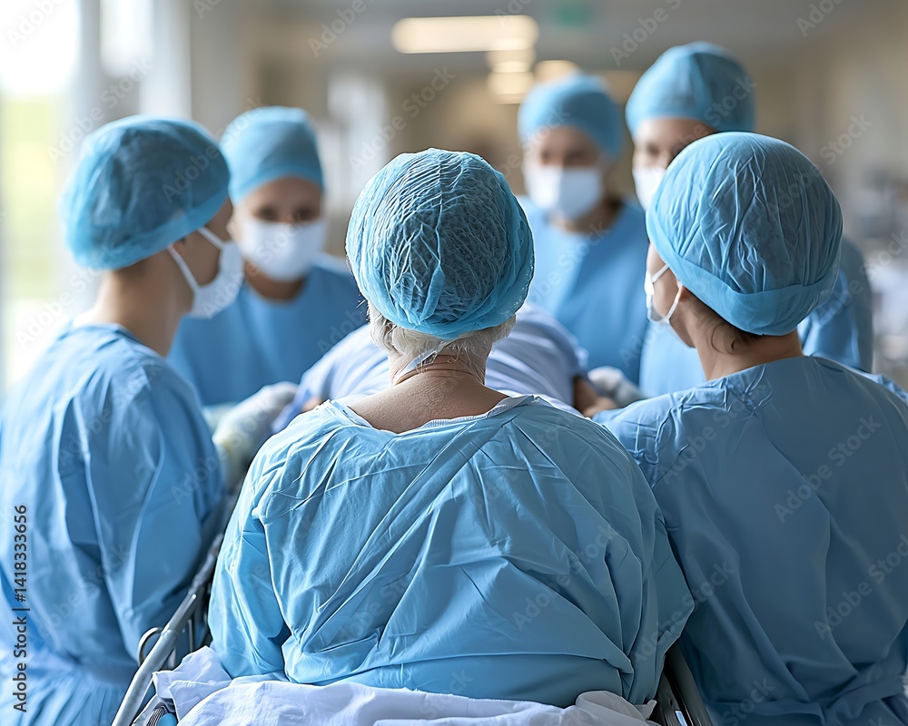 Medical team surrounds patient on a stretcher in a hospital. Medical team surrounds patient on a stretcher in a hospital.