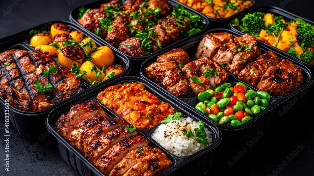 Obraz premium Grilled food medley savory meats and vegetables close up