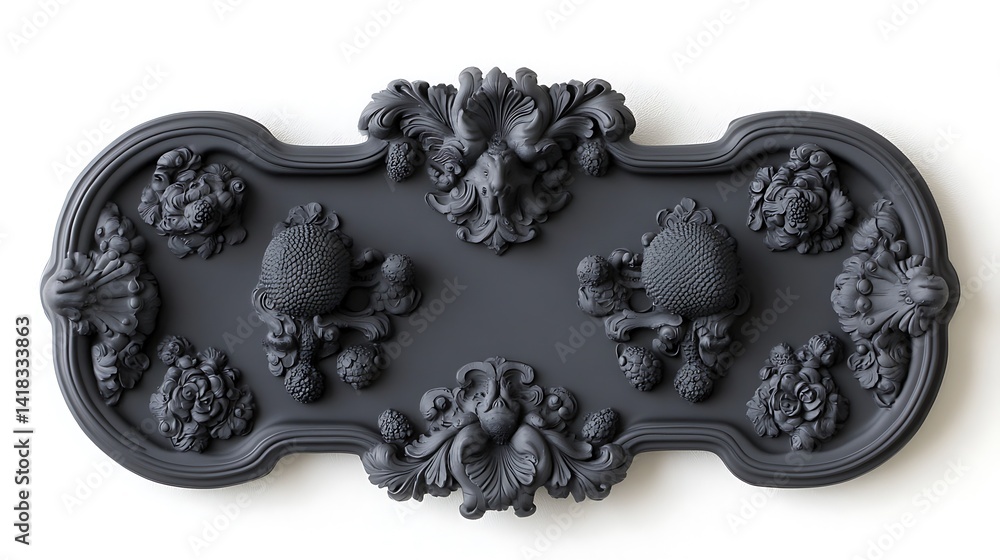 Obraz premium Ornate, dark gray decorative wall panel with floral and fruit motifs.