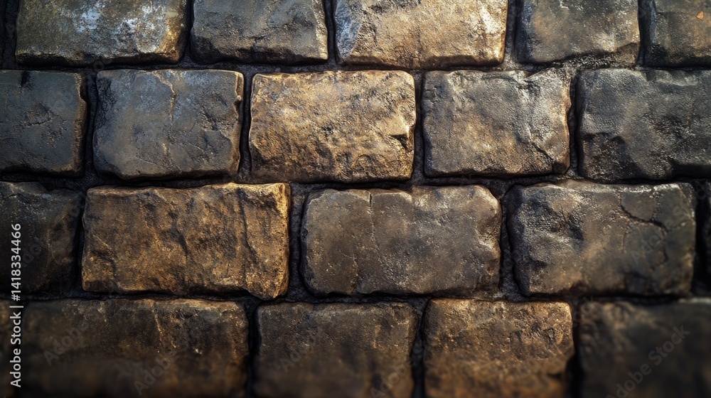 Cobblestone pavement displays a pattern of rectangular stones. Cobblestone pavement displays a pattern of rectangular stones.