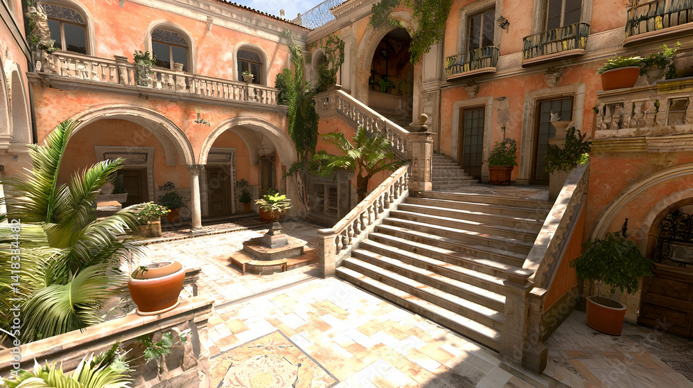 Obraz premium Mediterranean Courtyard With Stone Staircase And Lush Garden