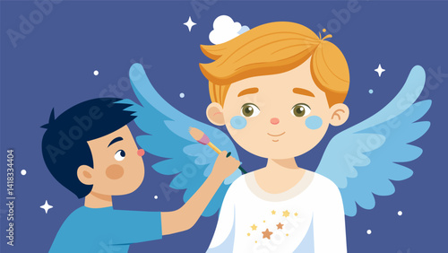 A young boy carefully paints the face of the angel he will portray adding glitter and sparkles to make it shine.. Vector illustration