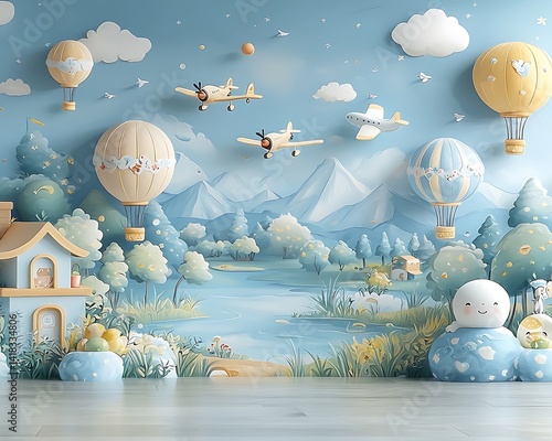 Pastel-toned children's room wallpaper featuring hot air balloons, airplanes, and a serene landscape.