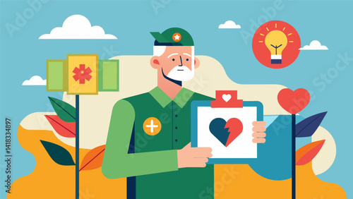 A veteran proudly displays their final artwork a tangible representation of their healing journey through art therapy as they reflect on the progress. Vector illustration