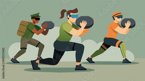 In a simulated military boot camp participants in VR gear are doing squats and lunges while carrying virtual sandbags feeling the burn in their. Vector illustration