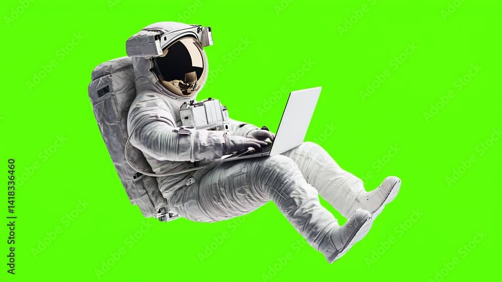Astronauta flotando sin gravedad mientras escribe en computadora portátil, fondo verde croma. 