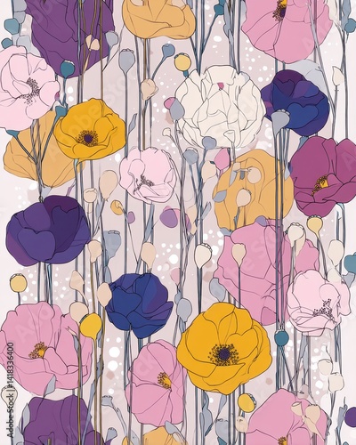 Stylized floral pattern with various blooms in shades of pink, yellow, and purple, set against a soft, light backdrop with delicate details.