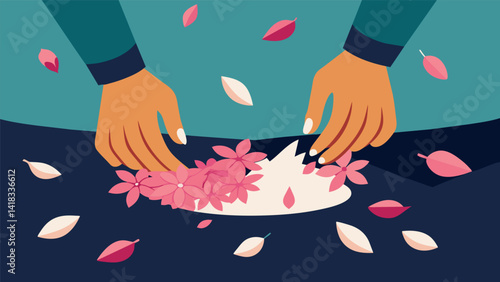 A pair of hands carefully arranging fallen petals and tered debris to maintain the pristine condition of the prayer garden.. Vector illustration