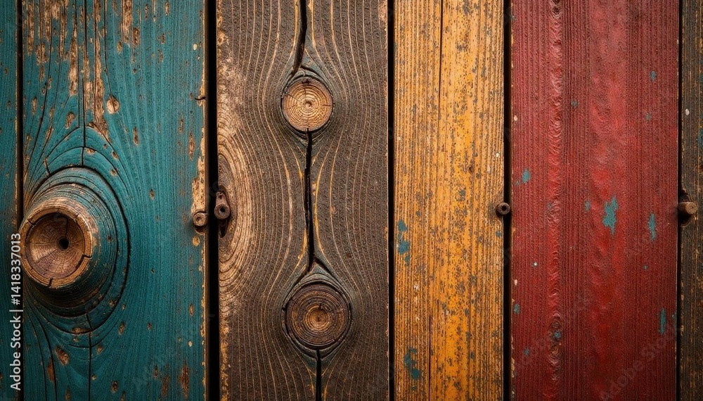 Fototapeta premium Richly colored, knotted wood; vertical grain, weathered surface , rustic, wooden background