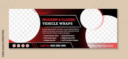 abstract shape gradient red and black colors design car dealer banner template. circle space for photo collage on horizontal background. the example of headline is modern and classic vehicle wraps. 