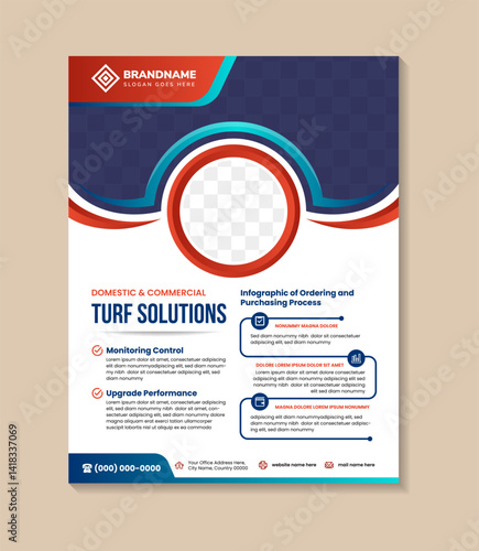 Professional Artificial Turf Cleaning Page Brochure design template. Example of headline is domestic and commercial Turf solutions. vertical layout background with blue and red gradient elements