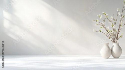 Two elegant white vases with delicate branches of white flowers on a minimalist white surface, soft natural light streaming through a window, and serene interior design concept.