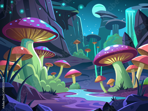 vector of Glowing mushrooms illuminate the dark rocky underwater landscape
