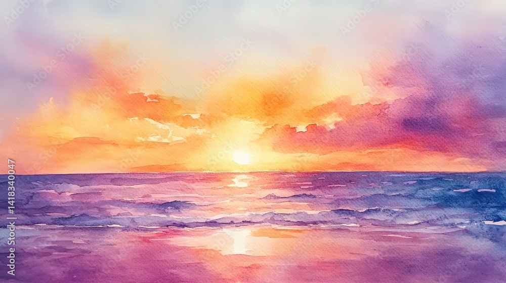 Fototapeta premium A beautiful watercolor painting of a sunset over the ocean
