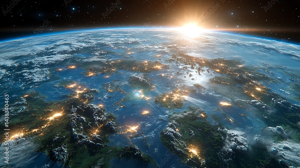 Sunrise over Earth, showing city lights and clouds Sunrise over Earth, showing city lights and clouds