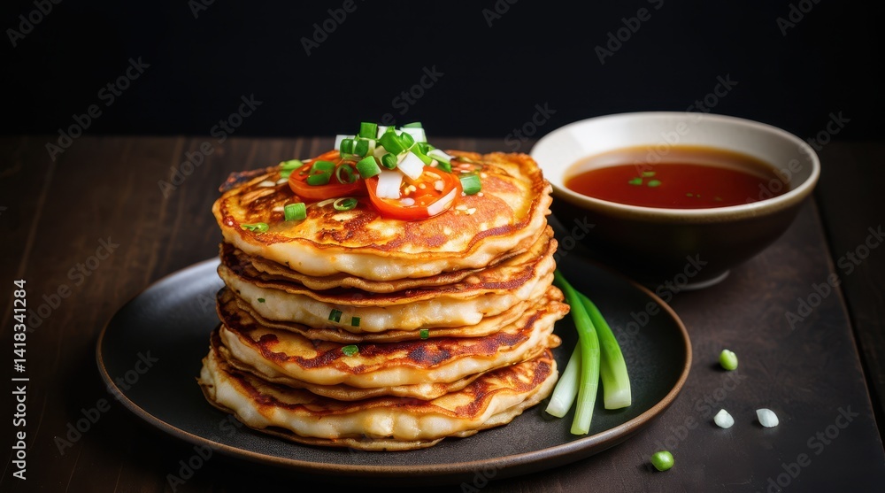 A stack of savory pancakes garnished with green onions and drizzled in a rich soy sauce sits on a ceramic plate, accompanied by two bowls of dipping sauce A stack of savory pancakes garnished with green onions and drizzled in a rich soy sauce sits on a ceramic plate, accompanied by two bowls of dipping sauce
