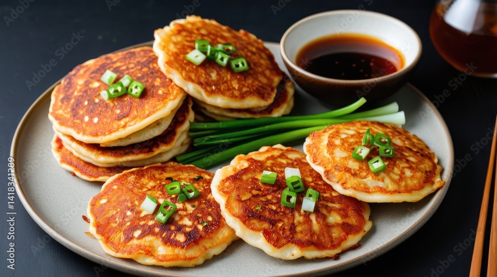 A stack of savory pancakes garnished with green onions and drizzled in a rich soy sauce sits on a ceramic plate, accompanied by two bowls of dipping sauce A stack of savory pancakes garnished with green onions and drizzled in a rich soy sauce sits on a ceramic plate, accompanied by two bowls of dipping sauce