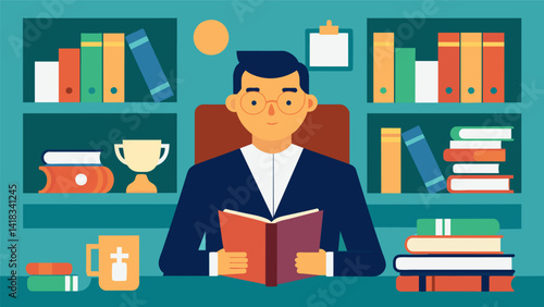 A pastor sitting in their office surrounded by shelves overflowing with books as they craft a message filled with wisdom and insights from their. Vector illustration