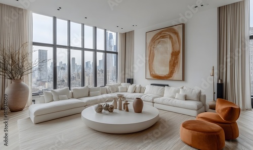 Wallpaper Mural Minimalist, scandinavian home interior design of modern living room 2025 with oversized white sectional sofa in spacious room with large windows. 


 Torontodigital.ca