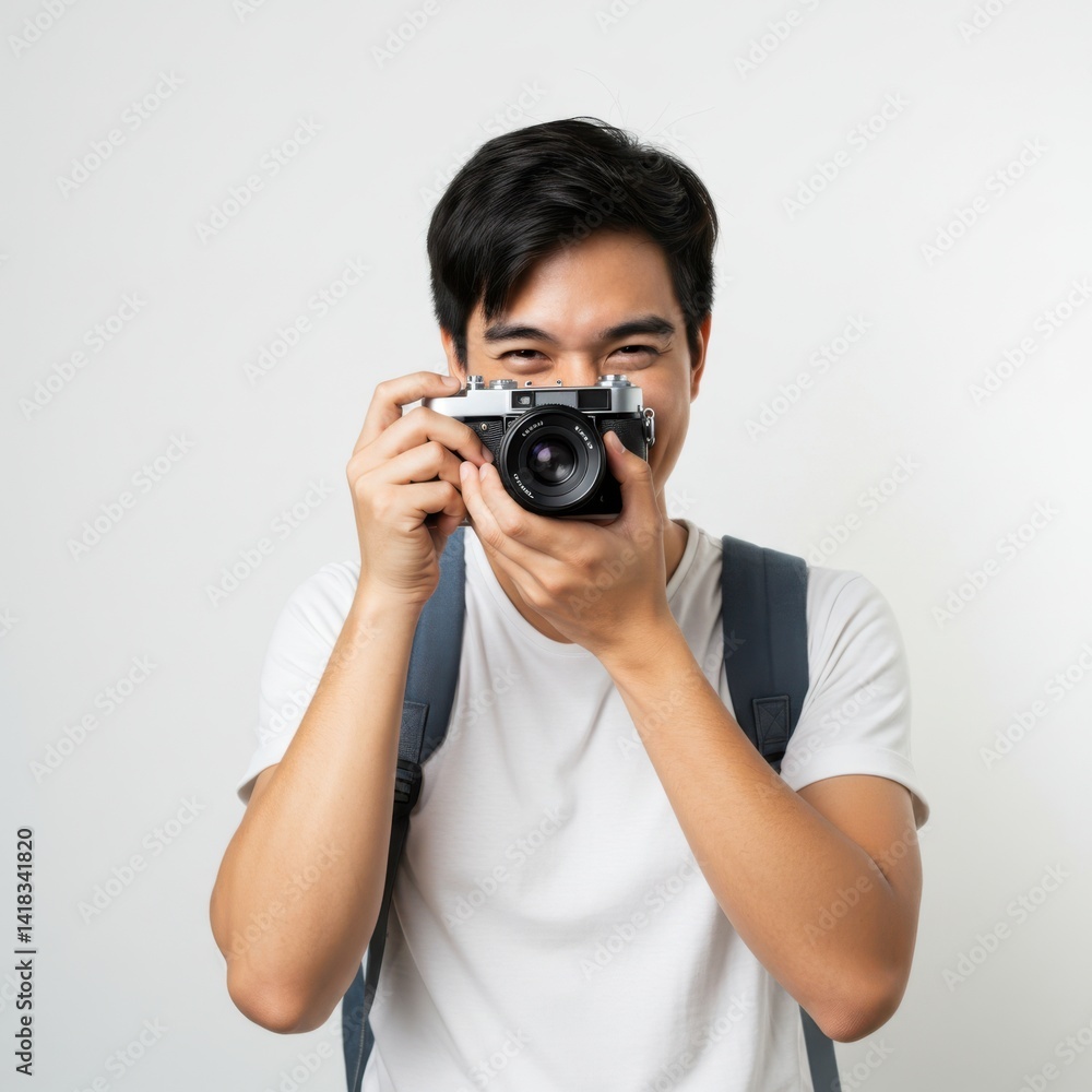 Young Asian man in white t-shirt holding vintage camera and taking photograph isolated on white background Young Asian man in white t-shirt holding vintage camera and taking photograph isolated on white background