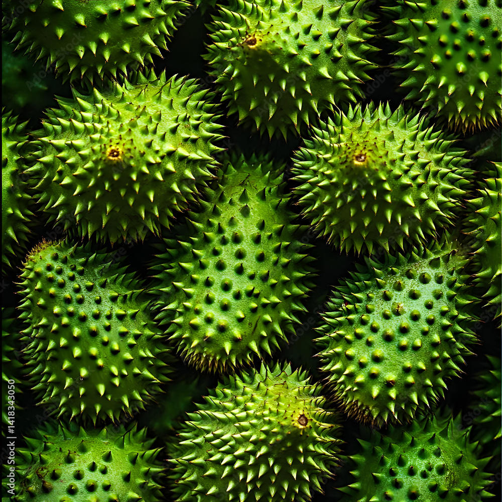 Nature’s Tough Exterior: The Spiky Green Fruit Close-Up. Generated with AI Nature’s Tough Exterior: The Spiky Green Fruit Close-Up. Generated with AI