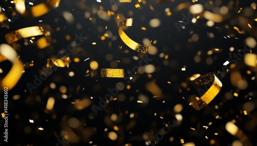 Gold confetti and ribbons falling on black background. (1)
