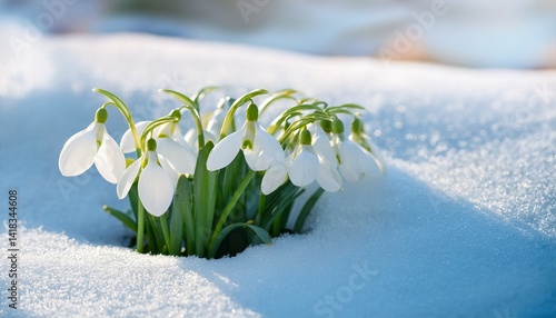 White gentle snowdrops in the snow
