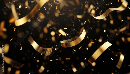 Golden confetti and ribbons falling on black background. (6)