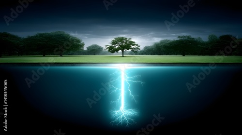 An ethereal scene of a single tree drawing power from a luminous bolt of energy beneath the surface, hinting at hidden connections and the flow of energy in nature.