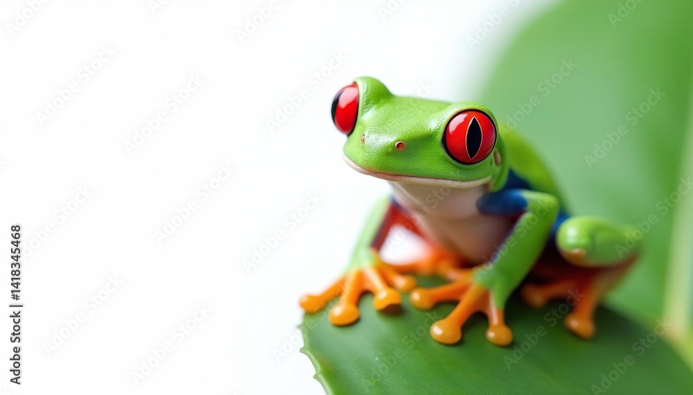 Fototapeta premium Single red-eyed tree frog on white backdrop, vivid colors, green, biology, fauna