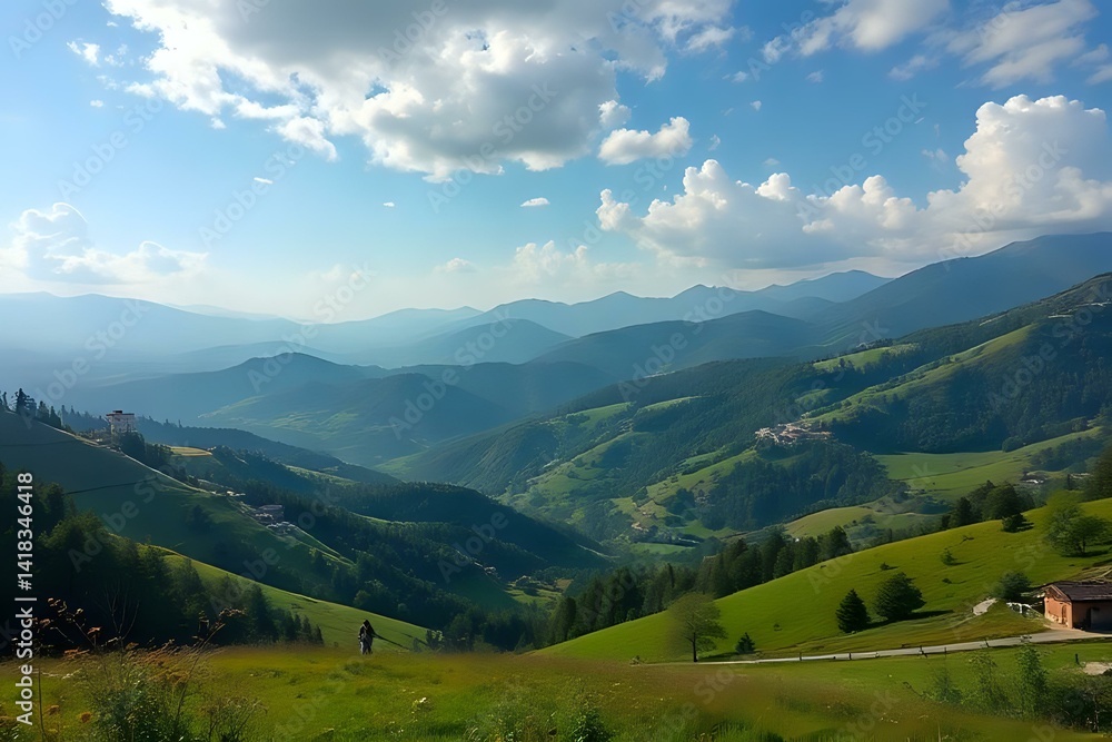 Panoramic view of the summer mountain landscape in the Alps with green nature under the sky and clouds Panoramic view of the summer mountain landscape in the Alps with green nature under the sky and clouds