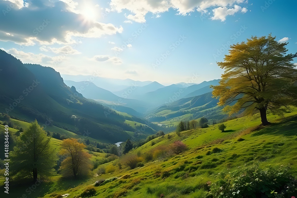 Naklejka premium Green summer mountain landscape with blue sky and white clouds offers a panoramic alpine view