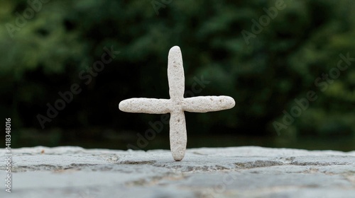 White wooden cross dark green background peaceful spiritual symbolism stock photo