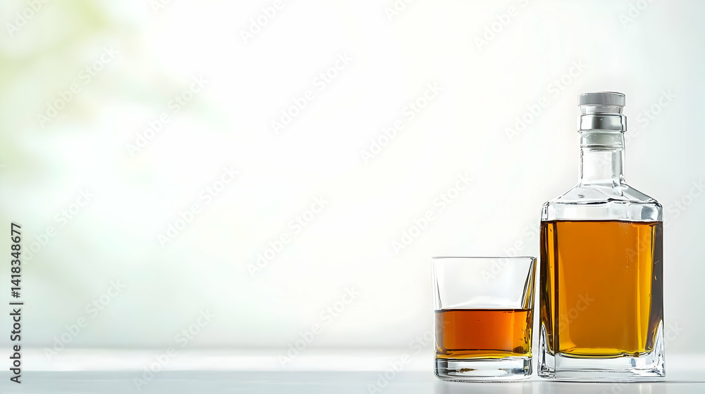 Elegant Whiskey Bottle And Glass On White Table Elegant Whiskey Bottle And Glass On White Table