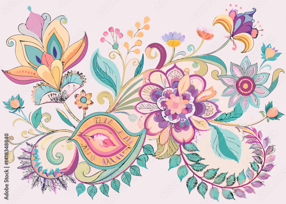 Fototapeta premium Aesthetic floral arrangement featuring pastel colors and intricate botanical designs on light background