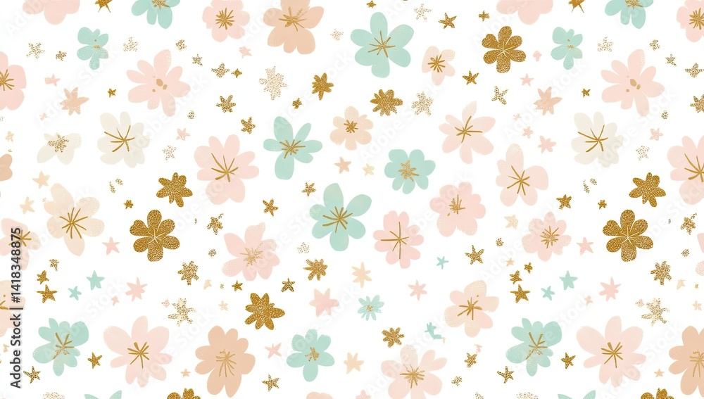 Pastel floral pattern with gold stars on white background. Pastel floral pattern with gold stars on white background.