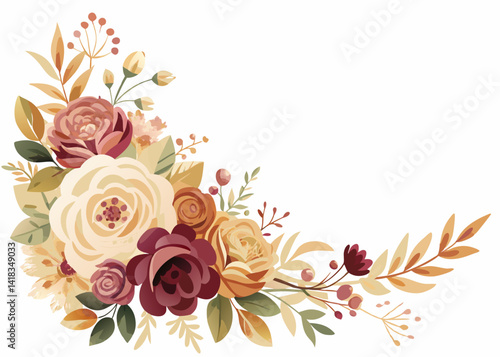 Elegant floral arrangement featuring roses and foliage in autumnal colors on a white background