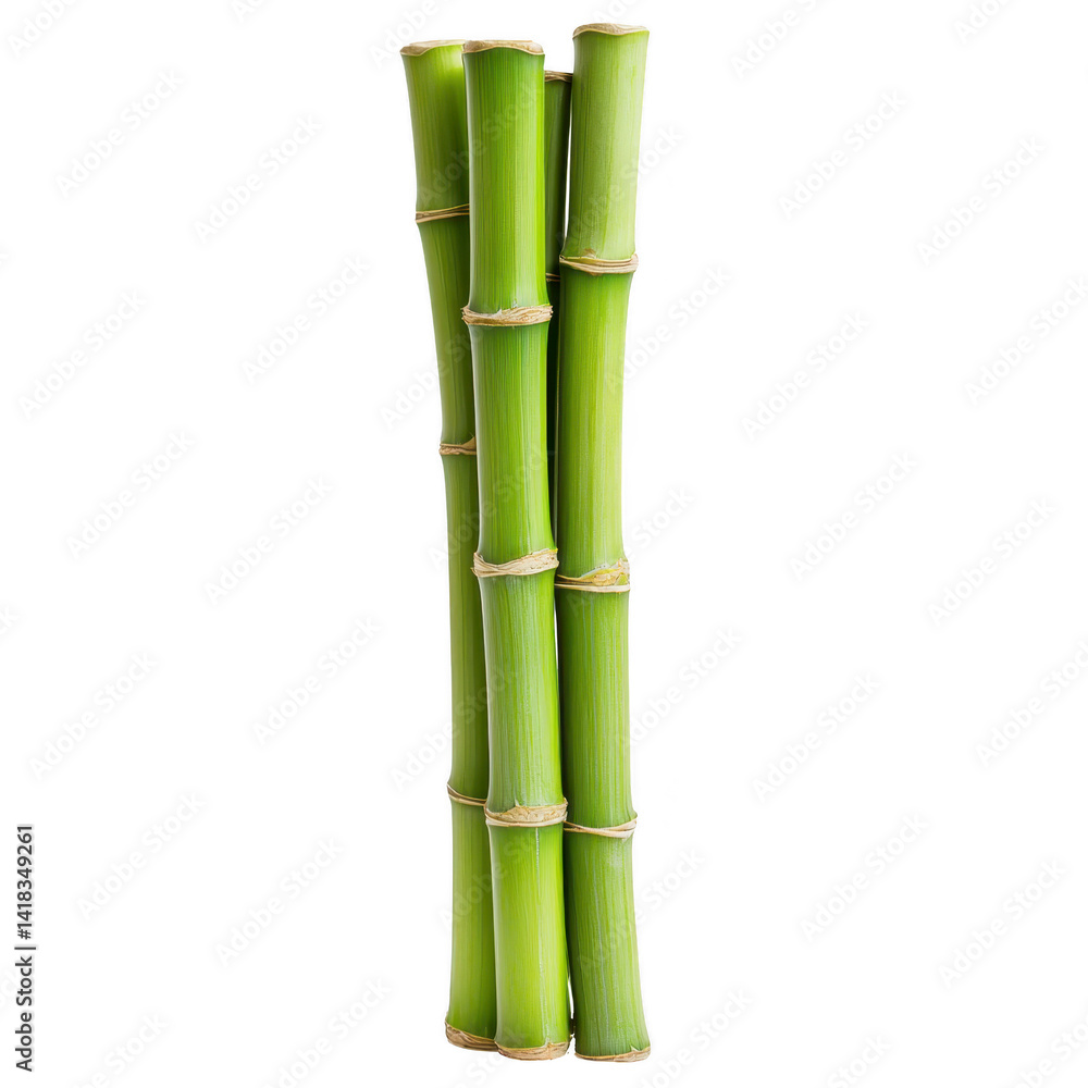 Fototapeta premium Three vibrant green bamboo stalks stand upright, showcasing their natural texture and segmented structure. image highlights simplicity and elegance of bamboo, often associated with tranquility