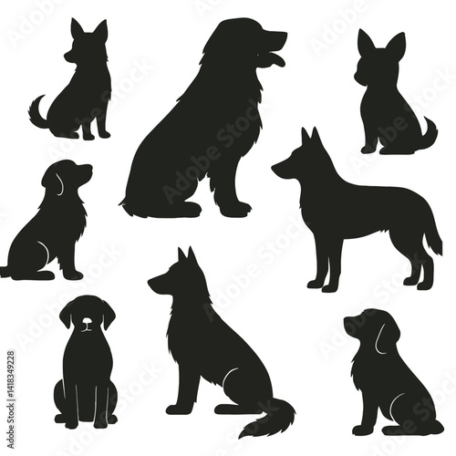 Vector set of black silhouettes featuring various dog breeds, including a German Shepherd (standing), a Golden Retriever (sitting), and other breeds in different poses (sitting, lying down, head profi