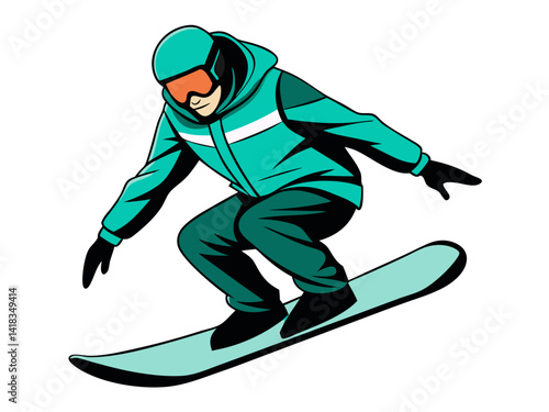 Illustration of a snowboarder in teal jacket and pants riding on a light teal snowboard on white