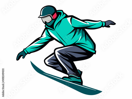 A snowboarder in a green jacket and helmet riding a snowboard with arms outstretched on a white background