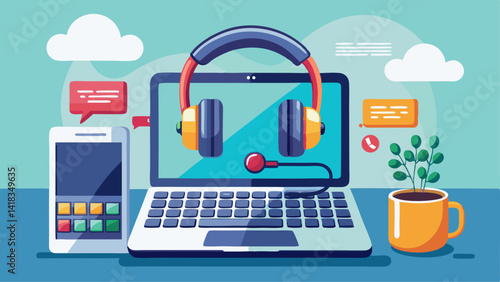 Headset or headphone on laptop keyboard for helpline customer on communication and hotline support call center service. voip digital phone for helpdesk in business ..