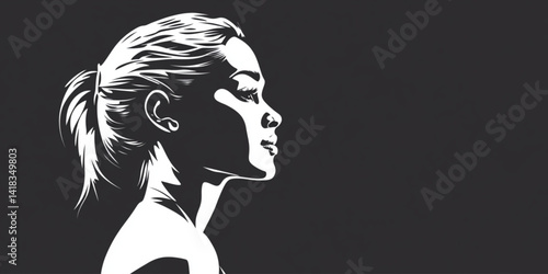 Profile view of a woman with her hair in a ponytail against a dark background