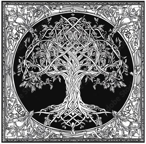 Intricate white Celtic tree of life illustration enclosed in a decorative ,on solid black background.