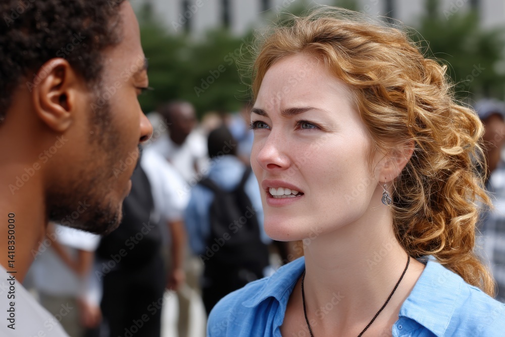 A man and woman exchange intense emotions through their facial expressions, set in a bustling environment that enhances the richness of their interaction. A man and woman exchange intense emotions through their facial expressions, set in a bustling environment that enhances the richness of their interaction.