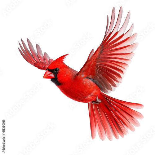 vibrant red cardinal in mid flight with wings spread wide, showcasing its striking plumage and distinctive crest. bird dynamic pose captures sense of freedom and grace