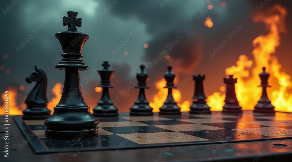 Chess pieces stand resilient on a board with a dramatic fiery explosion and smoke backdrop, symbolizing strategic conflict and tension Chess pieces stand resilient on a board with a dramatic fiery explosion and smoke backdrop, symbolizing strategic conflict and tension