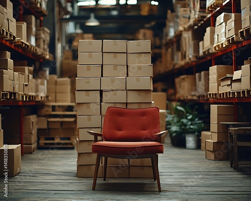 Red chair amidst a warehouse filled with cardboard boxes.