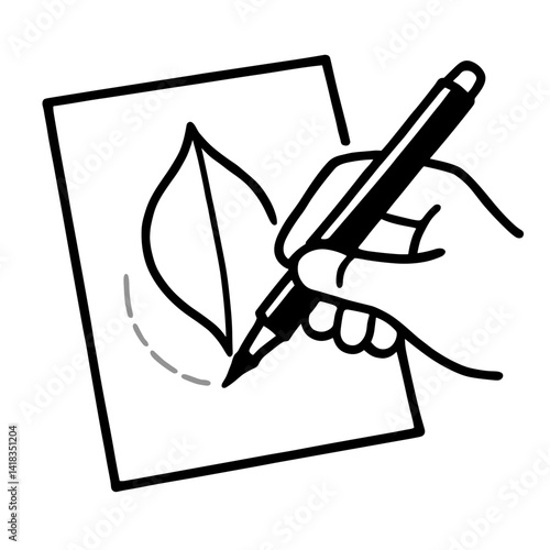 Hand drawing a leaf illustration with ink on paper  