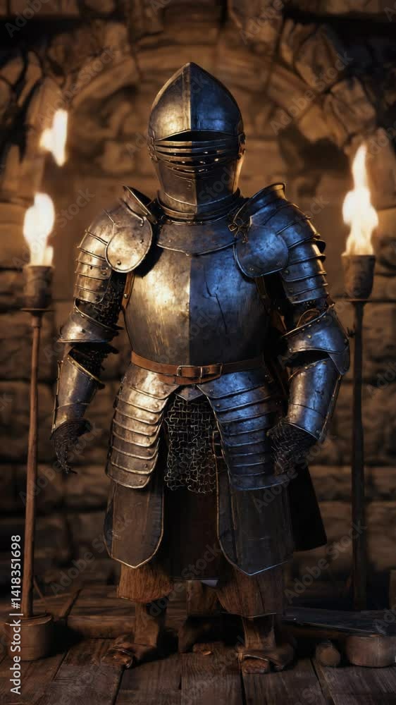 Medieval knight in full plate armor stands guard in a stone castle hall illuminated by flaming torches, ready for battle Medieval knight in full plate armor stands guard in a stone castle hall illuminated by flaming torches, ready for battle